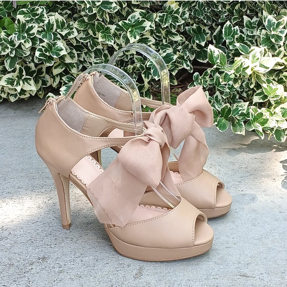 Shoedazzle Madison Tan Brown Bow Ankle Strap Peep Toe Platform High Heel Shoes
